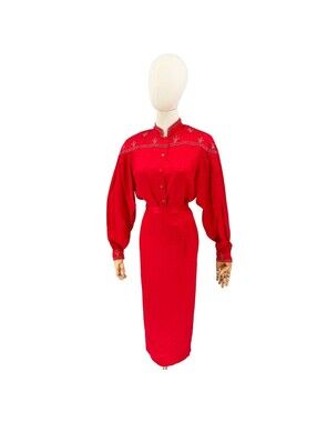 Vintage 80s Anne French Red 100% Silk Jacquard Skirt Set